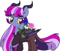 Size: 1925x1648 | Tagged: safe, artist:rickysocks, oc, oc only, oc:jinx, oc:jinx paradox sparkle, hybrid, bat wings, female, flower, horns, interspecies offspring, offspring, parent:discord, parent:twilight sparkle, parents:discolight, simple background, solo, transparent background, wings