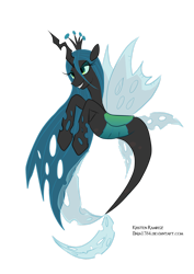 Size: 2059x2912 | Tagged: safe, artist:dalia1784, queen chrysalis, changeling, hybrid, seapony (g4), g4, clothes, colored pupils, crown, dorsal fin, female, fin wings, fins, fish tail, flowing mane, green eyes, green mane, grin, high res, horn, jewelry, lidded eyes, mare, regalia, seaponified, seapony chrysalis, see-through, simple background, smiling, solo, species swap, tail, teeth, transparent background, wings
