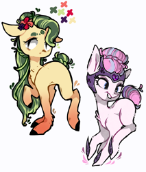 Size: 864x1012 | Tagged: safe, artist:ryrxian, oc, oc only, earth pony, pony, duo, earth pony oc, flower, flower in hair, grin, raised hoof, simple background, smiling, white background