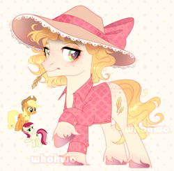 Size: 1677x1646 | Tagged: safe, artist:whohwo, applejack, roseluck, earth pony, pony, g4, base used, clothes, female, fusion, hat, makeup, male, mare, smiling, stallion, straw in mouth, sun hat, unshorn fetlocks