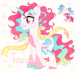 Size: 1785x1718 | Tagged: safe, artist:whohwo, pinkie pie, princess celestia, alicorn, pony, g4, base used, colored wings, ear fluff, fusion, makeup, male, smiling, stallion, two toned wings, wings