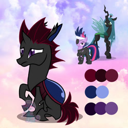 Size: 1280x1280 | Tagged: safe, artist:shiee-artopia223, queen chrysalis, twilight sparkle, changeling, changeling queen, pony, unicorn, g4, base used, clothes, eyepatch, female, frown, fusion, future twilight, mare, unicorn twilight
