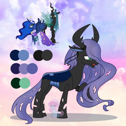 Size: 1280x1280 | Tagged: safe, artist:shiee-artopia223, princess luna, queen chrysalis, alicorn, changeling, changeling queen, pony, g4, antlers, base used, blue changeling, clothes, dress, female, fusion, mare