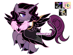 Size: 1280x977 | Tagged: safe, artist:mirrastat, discord, fluttershy, king sombra, oc, oc only, alicorn, hybrid, pony, g4, alicorn oc, base used, cloak, clothes, crown, dollar sign, female, frown, horn, horns, interspecies offspring, jewelry, magical threesome spawn, male, mare, multiple parents, name, offspring, parent:discord, parent:fluttershy, parent:king sombra, parents:disombrashy, rearing, regalia, screencap reference, selling, signature, simple background, solo, stallion, transparent background, unshorn fetlocks, wings