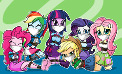 Size: 1315x799 | Tagged: safe, artist:gaggeddude32, applejack, fluttershy, pinkie pie, rainbow dash, rarity, twilight sparkle, alicorn, human, equestria girls, g4, angry, arm behind back, barefoot, bondage, bound and gagged, bound together, cloth gag, clothes, eyes closed, feet, gag, glare, happy, help, help us, humane five, humane six, looking at you, over the nose gag, rainbond dash, rope, rope bondage, sad, scared, struggling, tied up, twilight sparkle (alicorn), varying degrees of want, worried