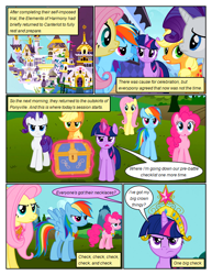 Size: 612x792 | Tagged: safe, artist:newbiespud, edit, edited screencap, screencap, applejack, fluttershy, pinkie pie, rainbow dash, rarity, twilight sparkle, earth pony, pegasus, pony, unicorn, comic:friendship is dragons, g4, keep calm and flutter on, big crown thingy, chest, comic, dialogue, element of kindness, element of loyalty, element of magic, eyelashes, female, frown, glowing, glowing horn, horn, jewelry, magic, mane six, mare, outdoors, regalia, screencap comic, telekinesis, unicorn twilight