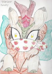 Size: 1280x1812 | Tagged: safe, artist:bluesplendont, autumn blaze, kirin, g4, blanket, cloth gag, gag, looking at you, pillow, shocked, shocked expression, shocked eyes, solo, stare, staring at you, surprised, traditional art, wat, what the hay?, wtf, wtf face