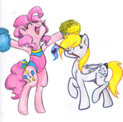 Size: 1024x1018 | Tagged: safe, artist:sabokat, derpy hooves, pinkie pie, earth pony, pegasus, pony, g4, cheering, cheerleader, cheerleader outfit, clothes, colored lineart, flag, flag waving, leotard, pom pom, rearing, traditional art