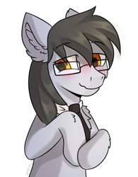 Size: 2650x3400 | Tagged: safe, artist:freak-side, oc, oc only, oc:silver bristle, earth pony, pony, blushing, glasses, high res, implied tickling, looking at something, necktie, shy, simple background, solo, white background