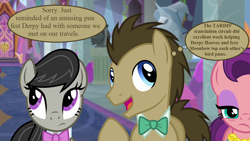 Size: 1280x720 | Tagged: safe, edit, edited screencap, editor:korora, screencap, doctor whooves, octavia melody, spoiled rich, time turner, earth pony, pony, a horse shoe-in, g4, bowtie, doctor who, implied derpy, implied izzy moonbow, male, school of friendship, speech, speech bubble, stallion, talking, thought bubble, trio