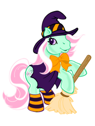 Size: 600x800 | Tagged: safe, artist:vernorexia, minty, earth pony, pony, g3, bipedal, bow, broom, cape, cloak, clothes, coloring book, hat, pink mane, shading, simple background, socks, solo, standing, striped socks, trace, transparent background, witch, witch costume, witch hat