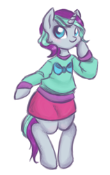 Size: 700x1111 | Tagged: safe, artist:hippykat13, artist:sabokat, oc, oc only, pony, unicorn, bipedal, bow, clothes, horn, old art, pose, simple background, skirt, solo, standing, sweater, unicorn oc, white background
