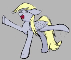 Size: 1167x989 | Tagged: safe, artist:hovel, derpy hooves, pegasus, pony, g4, cute, extended trot pose, eyes closed, floppy ears, gray background, open mouth, open smile, simple background, sketch, smiling, solo