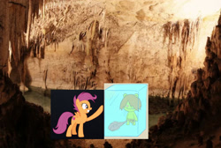 Size: 1744x1172 | Tagged: safe, artist:darlycatmake, scootaloo, pegasus, pony, g4, 1000 hours in ms paint, awesome, cave, cavern, cro-marmot, crossover, cute, cutealoo, happy, happy tree friends, older, older scootaloo, touching