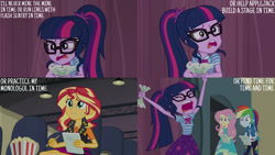 Size: 1280x720 | Tagged: safe, edit, edited screencap, editor:quoterific, screencap, fluttershy, rainbow dash, sci-twi, sunset shimmer, twilight sparkle, human, equestria girls, g4, my little pony equestria girls: better together, stressed in show, bowtie, clothes, cutie mark on clothes, eyes closed, female, food, geode of empathy, geode of fauna, geode of super speed, geode of telekinesis, glasses, hairpin, hoodie, jewelry, leather vest, magical geodes, necklace, open mouth, pencil, ponytail, popcorn, text, vest