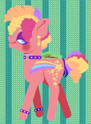 Size: 1200x1631 | Tagged: safe, artist:thefoxycat, stripes (g1), earth pony, pony, g1, bracelet, choker, curly mane, ear piercing, earring, eyeshadow, jewelry, makeup, multicolored hair, orange coat, piercing, punk, rainbow curl pony, rainbow hair, redesign, ringlets, short mane, short tail, solo, studs, tail