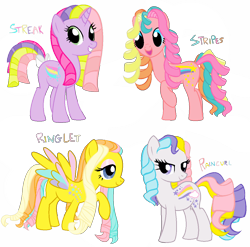 Size: 1120x1105 | Tagged: safe, artist:shokka-chan, raincurl, ringlet, streaky, stripes (g1), earth pony, pegasus, pony, unicorn, g1, g4, bow, colored wings, eyeshadow, g1 to g4, generation leap, happy, long mane, makeup, multicolored hair, multicolored wings, rainbow, rainbow curl pony, rainbow hair, ringlets, simple background, tail, tail bow, transparent background, wings