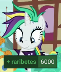 Size: 1920x2267 | Tagged: safe, edit, edited screencap, editor:itsmgh1203, screencap, pumpkin cake, rarity, pony, unicorn, derpibooru, g4, it isn't the mane thing about you, season 7, alternate hairstyle, baby, baby pony, cropped, cute, female, filly, foal, mare, meta, offscreen character, punk, raribetes, raripunk, smiling, solo focus, tags