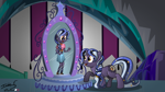 Size: 3840x2160 | Tagged: safe, artist:memprices, oc, oc only, oc:persephone, pony, unicorn, equestria girls, 4k, crystal castle, equestria girls oc, female, high res, horn, looking at each other, looking at someone, mare, mirror, mirror universe, open mouth, open smile, shading, signature, smiling, smiling at each other, unicorn oc, wallpaper
