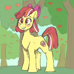 Size: 768x768 | Tagged: safe, artist:smirk, apple bloom, earth pony, pony, g4, blushing, bow, braces, colored sketch, dyed mane, ear piercing, earring, freckles, grin, hair bow, jewelry, older, orchard, piercing, smiling, solo, teenager