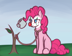 Size: 1297x1000 | Tagged: safe, artist:ahorseofcourse, pinkie pie, earth pony, pony, g4, clown, clown makeup, clown nose, dark comedy, implied suicide, meme, noose, pinkie joker, ponified meme, red nose, solo, the joker, tree, watering can