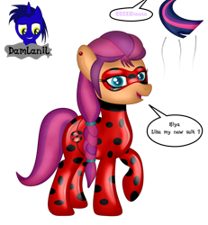 Size: 3840x4154 | Tagged: safe, artist:damlanil, sunny starscout, twilight sparkle, earth pony, pony, g5, bodysuit, catsuit, clothes, coccinellidaephobia, comic, cosplay, costume, cute, ear piercing, earring, female, jewelry, ladybug (miraculous ladybug), latex, latex suit, looking at you, mare, mask, miraculous ladybug, offscreen character, piercing, ponytail, raised hoof, rubber, shiny, simple background, smiling, solo focus, suit, sunny and her heroine, talking to viewer, text, transparent background, twilight hates ladybugs, twilight is afraid of miraculous ladybug, vector