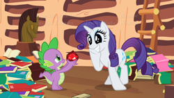 Size: 1280x720 | Tagged: safe, screencap, rarity, spike, dragon, pony, unicorn, g4, season 2, secret of my excess, book, cute, dilated pupils, duo, female, fire ruby, gem, golden oaks library, male, mare, power imbalance, raribetes, ruby, smiling