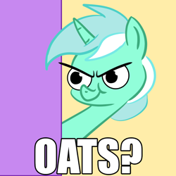 Size: 1298x1298 | Tagged: safe, artist:velgarn, lyra heartstrings, pony, unicorn, g4, bad day at cat rock, big eyes, caption, food, image macro, l.u.l.s., meme, mischievous, oats, ponified meme, simple background, smug, solo, text, that fucking cat, that pony sure does love oats, tom and jerry