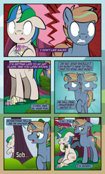 Size: 1920x3167 | Tagged: safe, artist:alexdti, oc, oc only, oc:brainstorm (alexdti), oc:star logic, pony, unicorn, comic:quest for friendship, bouquet, bowtie, comic, crying, dialogue, duo, duo male, ears back, eyes closed, flower, gritted teeth, heartbreak, high res, hooves, horn, implied purple creativity, looking away, male, motion lines, offscreen character, onomatopoeia, open mouth, outdoors, raised hoof, shadow, shrunken pupils, sitting, speech bubble, stallion, standing, teeth, tree, two toned mane, underhoof, unicorn oc