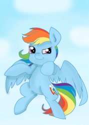 Size: 838x1176 | Tagged: safe, artist:twiliset, rainbow dash, pegasus, pony, g4, blue background, cute, flying, looking at you, simple background, sky, smiling, smiling at you, solo, wings