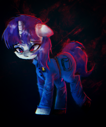 Size: 901x1080 | Tagged: safe, artist:menalia, oc, oc only, oc:quiet destiny, pony, unicorn, badge, clothes, dark background, female, floppy ears, horn, mare, pants, police, sad, shirt, shoes, tired