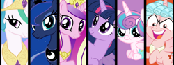 Size: 1280x480 | Tagged: safe, artist:j2xp, cozy glow, princess cadance, princess celestia, princess flurry heart, princess luna, twilight sparkle, alicorn, pony, g4, alicornified, cozycorn, one of these things is not like the others, race swap, twilight sparkle (alicorn)