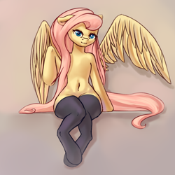 Size: 2000x2000 | Tagged: safe, artist:falses, fluttershy, pegasus, semi-anthro, g4, arm hooves, belly button, clothes, crossed legs, cute, digital art, eyes open, female, floppy ears, folded wings, gradient background, high res, legs, legs together, legwear, looking at you, mare, shading, shyabetes, sitting, sketch, socks, solo, spread wings, stockings, thigh highs, thighs, thunder thighs, underhoof, wings