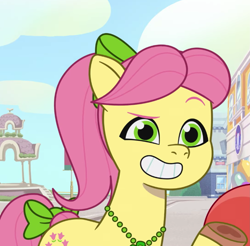 Size: 1871x1842 | Tagged: safe, screencap, posey bloom, earth pony, pony, clip trot, g5, my little pony: tell your tale, spoiler:g5, spoiler:my little pony: tell your tale, spoiler:tyts01e07, bow, cropped, female, green eyes, hair bow, mare, pink mane, smiling, tail, tail bow