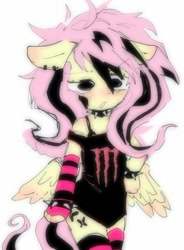 Size: 440x597 | Tagged: safe, artist:knwives, fluttershy, pegasus, semi-anthro, g4, alternate cutie mark, arm warmers, blushing, choker, chokershy, clothes, cute, ear piercing, emo, emoshy, female, monster energy, piercing, shyabetes, simple background, socks, solo, spiked choker, spiked wristband, stockings, striped socks, thigh highs, two toned mane, white background, wristband