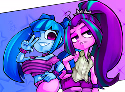 Size: 2094x1543 | Tagged: safe, artist:kyouman1010, aria blaze, sonata dusk, human, equestria girls, g4, alternate hairstyle, big breasts, breasts, busty sonata dusk, clothes, duo, duo female, female, grin, hairstyle swap, hand on hip, lidded eyes, looking at you, one eye closed, peace sign, smiling, sparkles, spiked wristband, stars, wink, winking at you, wristband