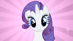 Size: 1280x720 | Tagged: safe, screencap, rarity, pony, unicorn, a dog and pony show, g4, season 1, blue eyes, blue eyeshadow, bust, cute, eyeshadow, female, happy, implied spike, looking at you, makeup, mare, pink background, purple hair, purple mane, raribetes, simple background, smiling, solo, sparkles, sunburst background, white coat, white fur, white pony