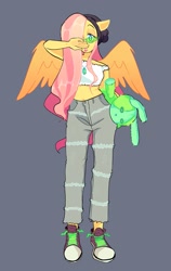 Size: 1345x2124 | Tagged: safe, artist:stevetwisp, fluttershy, pegasus, rabbit, anthro, g4, alternate hairstyle, animal, beanie, belly button, blue background, bubblegum, clothes, converse, cute, female, food, gum, hair over one eye, hat, jeans, midriff, pants, plushie, ripped jeans, ripped pants, shoes, short shirt, shyabetes, simple background, sneakers, solo, sunglasses, torn clothes, toy