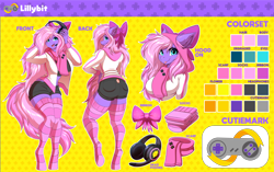 Size: 4000x2514 | Tagged: safe, artist:ask-colorsound, oc, oc only, oc:lillybit, anthro, unguligrade anthro, adorkable, ass, bow, butt, clothes, cute, cutie mark, dork, excited, female, gaming headphones, gaming headset, headphones, headset, mare, reference, reference sheet, ribbon, scarf, smiling, socks, striped socks, tail, tail hole