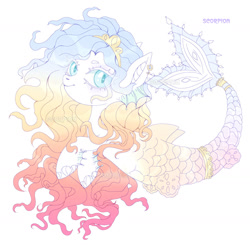 Size: 1280x1258 | Tagged: safe, artist:sscorpionsss, oc, oc only, merpony, seapony (g4), adoptable, crown, curly hair, dorsal fin, female, fins, fish tail, flowing mane, flowing tail, jewelry, looking at you, mare, mermaid tail, multicolored hair, regalia, scales, signature, simple background, smiling, solo, tail, white background