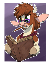 Size: 909x1200 | Tagged: safe, artist:thescornfulreptilian, arizona (tfh), cow, them's fightin' herds, bandana, book, cloven hooves, colored, community related, ear piercing, earring, female, glasses, gradient background, jewelry, mouth hold, pen, pencil, piercing, reading, simple background, solo
