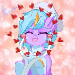 Size: 1000x1000 | Tagged: safe, artist:thieftea, pony, unicorn, hat, heart, hoof hold, horn, simple background, smiling, solo