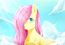Size: 1024x717 | Tagged: safe, artist:angelapie, fluttershy, pegasus, pony, g4, anime style, bust, cloud, crepuscular rays, female, hair over one eye, looking at you, mare, outdoors, sky, sky background, smiling, smiling at you, solo, three quarter view, wings