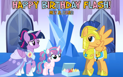 Size: 2064x1296 | Tagged: safe, artist:not-yet-a-brony, flash sentry, princess flurry heart, twilight sparkle, alicorn, pegasus, pony, g4, 2022, aunt and niece, auntie twilight, birthday, crystal empire, cupcake, family, female, filly, foal, food, friends, friendship, honorary uncle, looking at each other, looking at someone, male, mare, may, smiling, smiling at each other, stallion, twilight sparkle (alicorn), uncle flash, vincent tong, voice actor reference