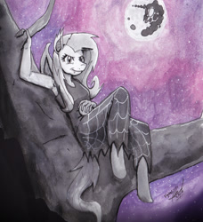 Size: 1742x1914 | Tagged: safe, artist:digiral, fluttershy, bat pony, anthro, unguligrade anthro, g4, 2015, armpits, bat ponified, clothes, female, flutterbat, full moon, long skirt, mare in the moon, moon, race swap, skirt, tree, tree branch