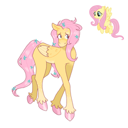 Size: 1280x1280 | Tagged: safe, artist:screechingflower, fluttershy, pegasus, pony, g4, colored hooves, female, flower, flower in hair, flower in tail, folded wings, long legs, looking sideways, mare, screencap reference, simple background, solo, standing, tail, turned head, unshorn fetlocks, white background, wings