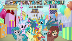 Size: 2063x1160 | Tagged: safe, artist:not-yet-a-brony, gallus, ocellus, sandbar, silverstream, smolder, swift foot, yona, changeling, dragon, earth pony, griffon, hippogriff, pony, thracian, yak, g4, 2022, balloon, birthday, birthday party, friends, friendship, may, party, present, student seven, student six, vincent tong, voice actor reference