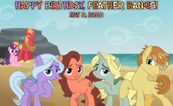 Size: 2064x1273 | Tagged: safe, artist:not-yet-a-brony, big macintosh, dear darling, feather bangs, fond feather, sugar belle, swoon song, earth pony, pegasus, pony, unicorn, g4, hard to say anything, 2022, beach, bimbettes, birthday, feather bangs gets all the mares, featherbimbettes, female, male, may, ocean, ship:sugarmac, shipping, stallion, straight, vincent tong, voice actor reference, water