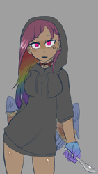 Size: 1080x1920 | Tagged: safe, artist:metaruscarlet, oc, oc only, oc:cupcake splatter, human, fanfic:cupcakes, fanfic:rainbow factory, bandage, breasts, choker, clothes, ear piercing, earring, eyebrow piercing, eyeshadow, fanfic art, female, gloves, gray background, hoodie, humanized, humanized oc, jewelry, magical lesbian spawn, makeup, multicolored hair, nose piercing, nose ring, offspring, open mouth, parent:pinkie pie, parent:rainbow dash, parents:pinkiedash, piercing, rainbow hair, scalpel, simple background, solo, winged humanization, wings