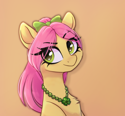 Size: 1280x1188 | Tagged: safe, artist:_alixxie_, posey bloom, earth pony, pony, g5, bow, bust, chest fluff, eye clipping through hair, female, gradient background, hair bow, jewelry, looking at you, mare, necklace, portrait, solo, three quarter view